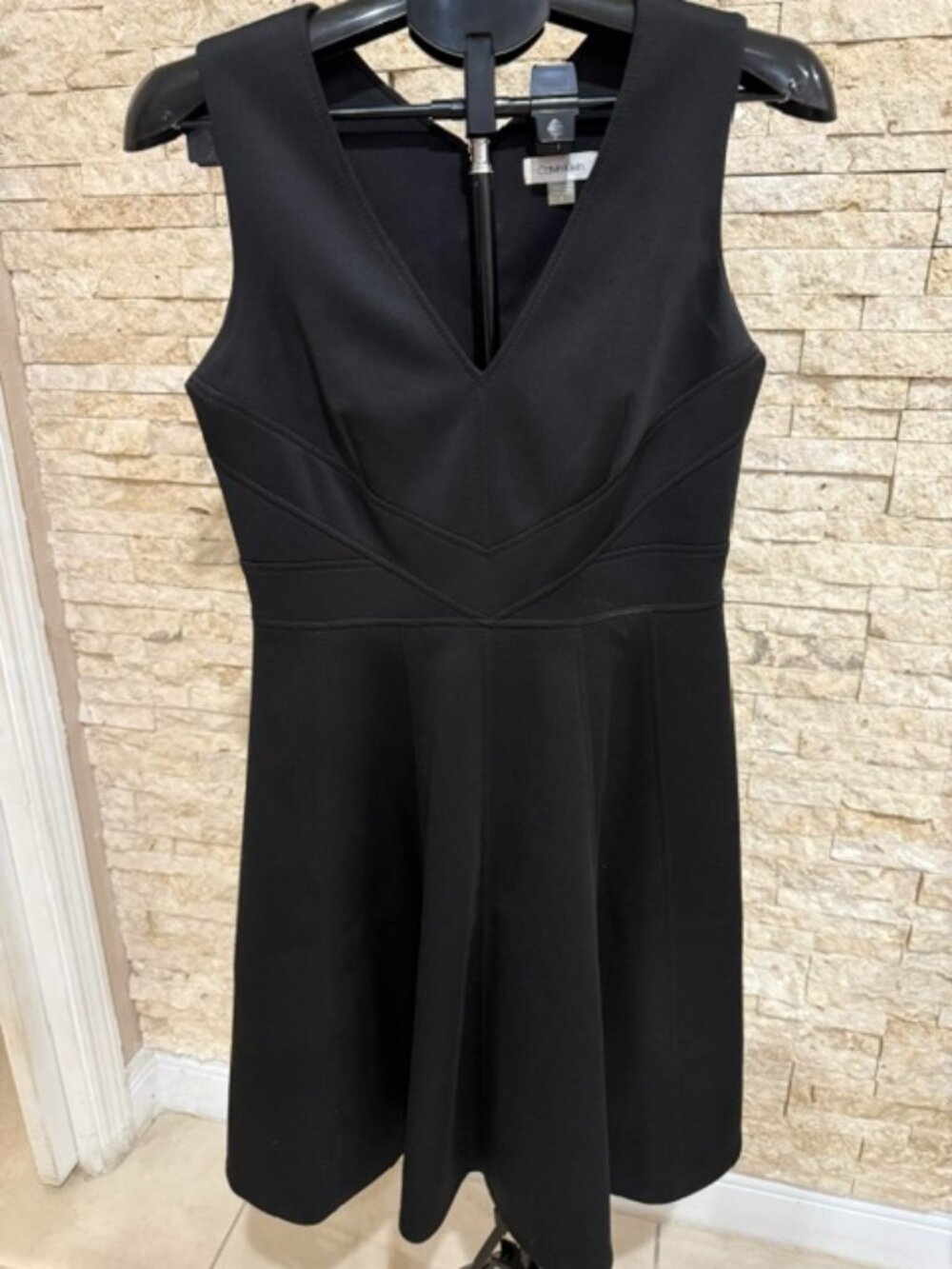 Calvin Klein Sleeveless V-Neck Multi-Seamed Fit and Flare Dress in black